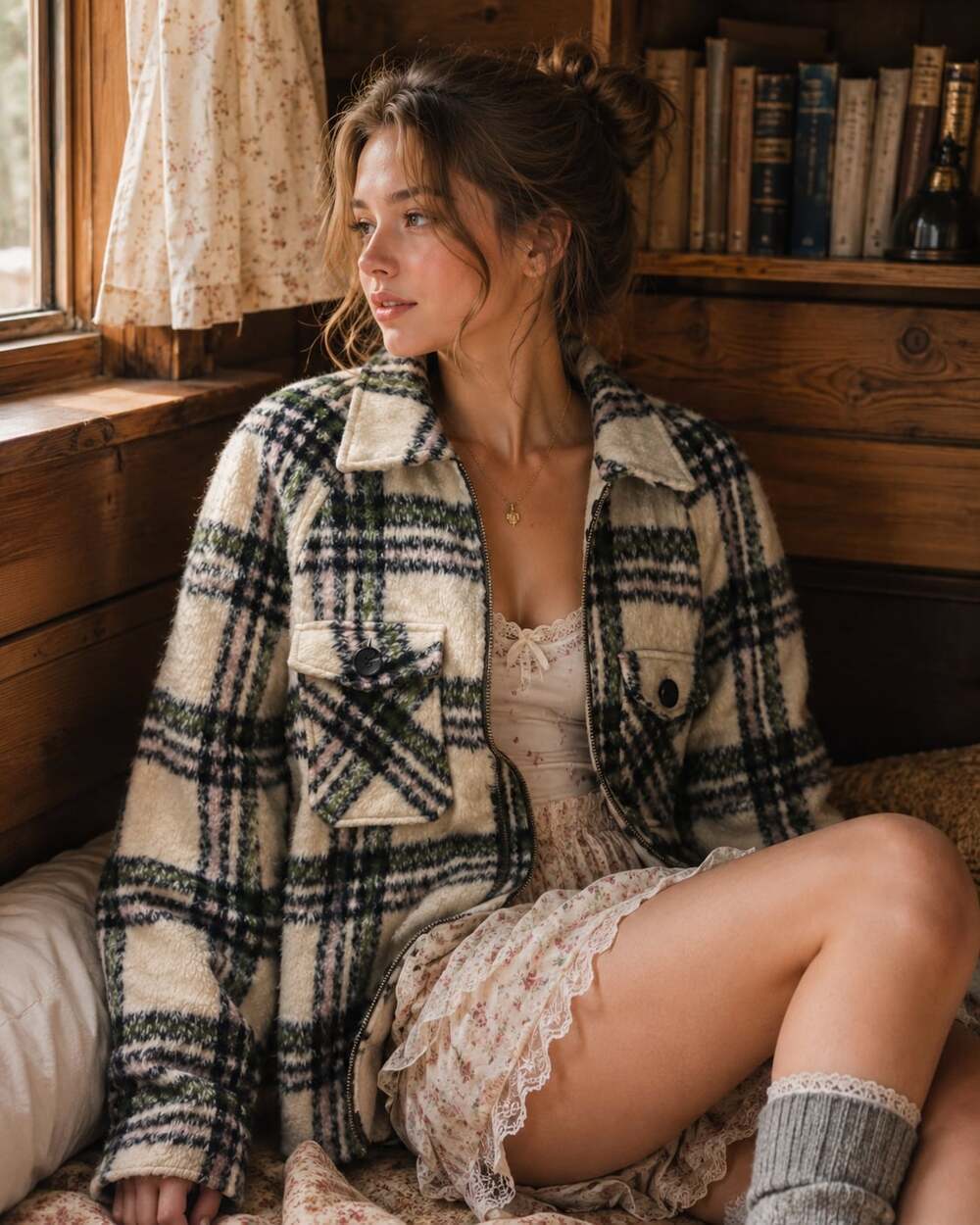 Avec Les Filles Plaid Sherpa Shacket Jacket XS Cottagecore Cabincore Cozy